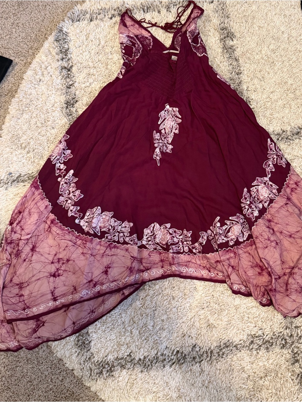 Boho V-Neck Floral Handkerchief Hem Dress in Burgundy - Picture 5 of 7